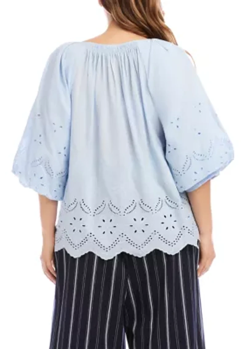 Plus Puff Sleeve Embroidered Top