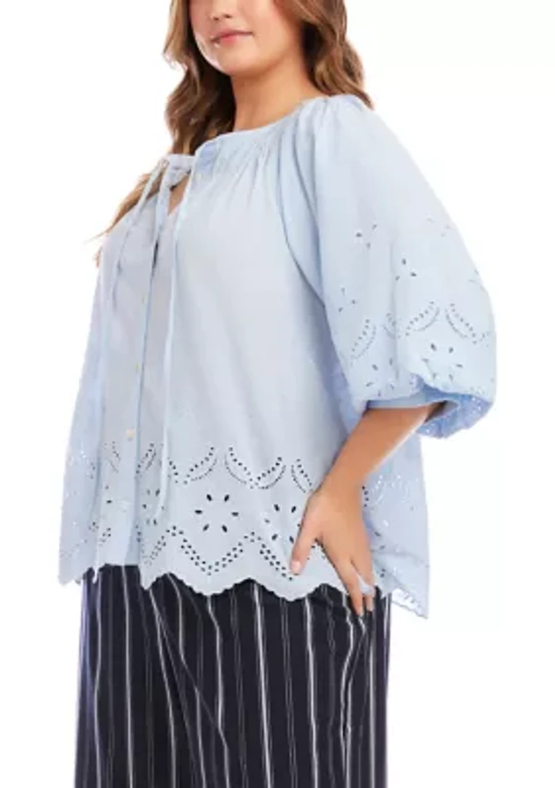 Plus Puff Sleeve Embroidered Top
