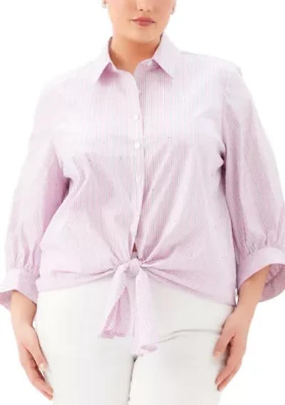 Plus Stripe Blouson Sleeve Embellished Tie-Front Top