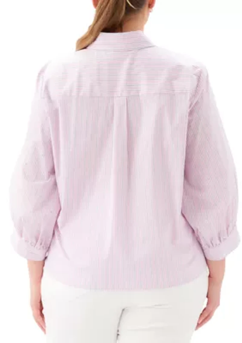 Plus Stripe Blouson Sleeve Embellished Tie-Front Top