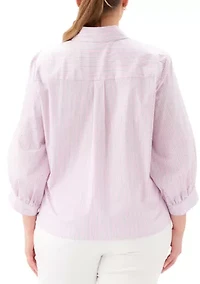 Plus Stripe Blouson Sleeve Embellished Tie-Front Top