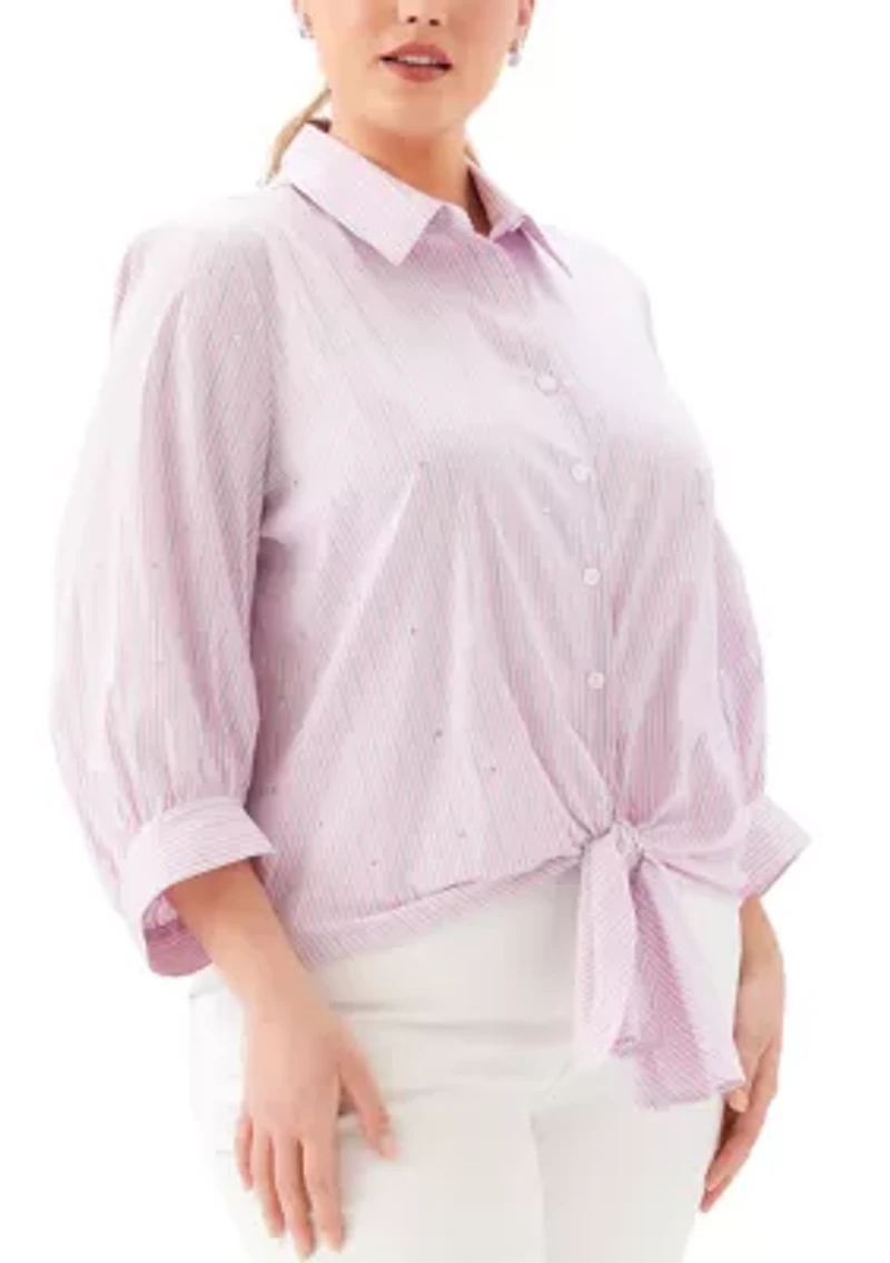Plus Stripe Blouson Sleeve Embellished Tie-Front Top