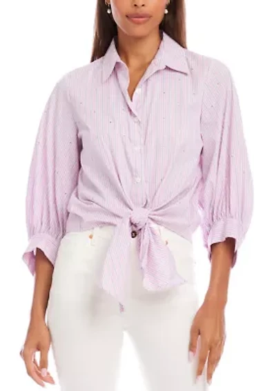 Women's Stripe Blouson Sleeve Embellished Tie-Front Top