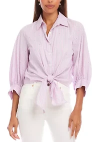 Women's Stripe Blouson Sleeve Embellished Tie-Front Top