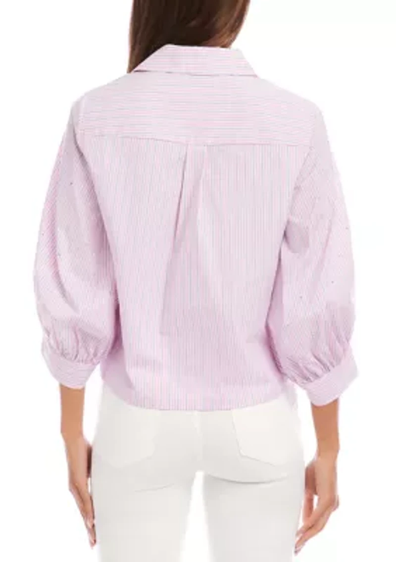 Women's Stripe Blouson Sleeve Embellished Tie-Front Top