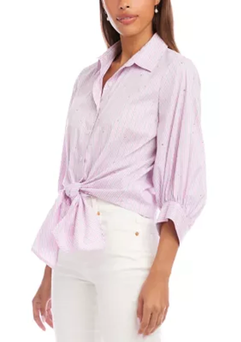 Women's Stripe Blouson Sleeve Embellished Tie-Front Top