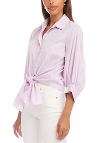Women's Stripe Blouson Sleeve Embellished Tie-Front Top