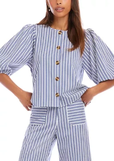 Women's Striped Puff Sleeve Button Front Top