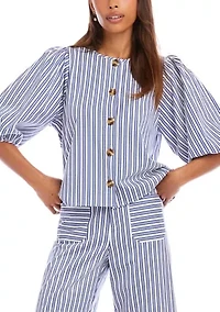 Women's Striped Puff Sleeve Button Front Top