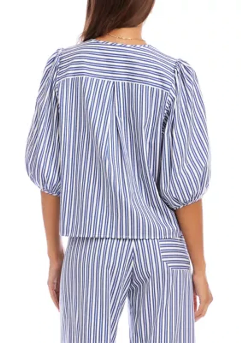 Women's Striped Puff Sleeve Button Front Top