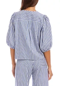 Women's Striped Puff Sleeve Button Front Top