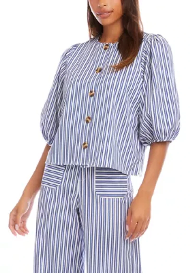 Women's Striped Puff Sleeve Button Front Top