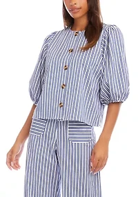 Women's Striped Puff Sleeve Button Front Top