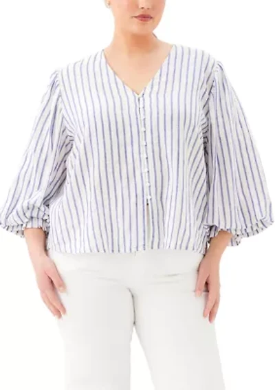Plus Stripe Layered Sleeve Shirred Blouse