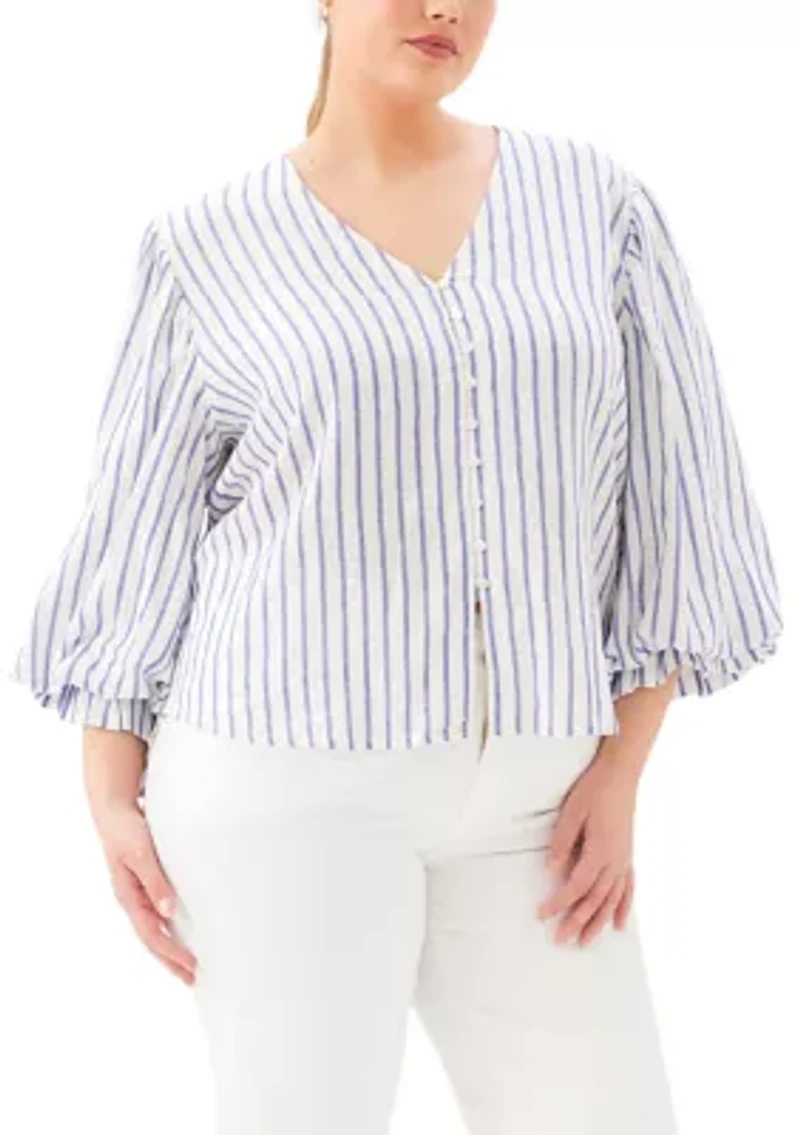 Plus Stripe Layered Sleeve Shirred Blouse