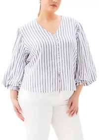 Plus Stripe Layered Sleeve Shirred Blouse