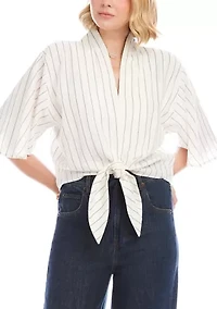Women's Linen Blend Stripe Flare Sleeve Tie-Front Top
