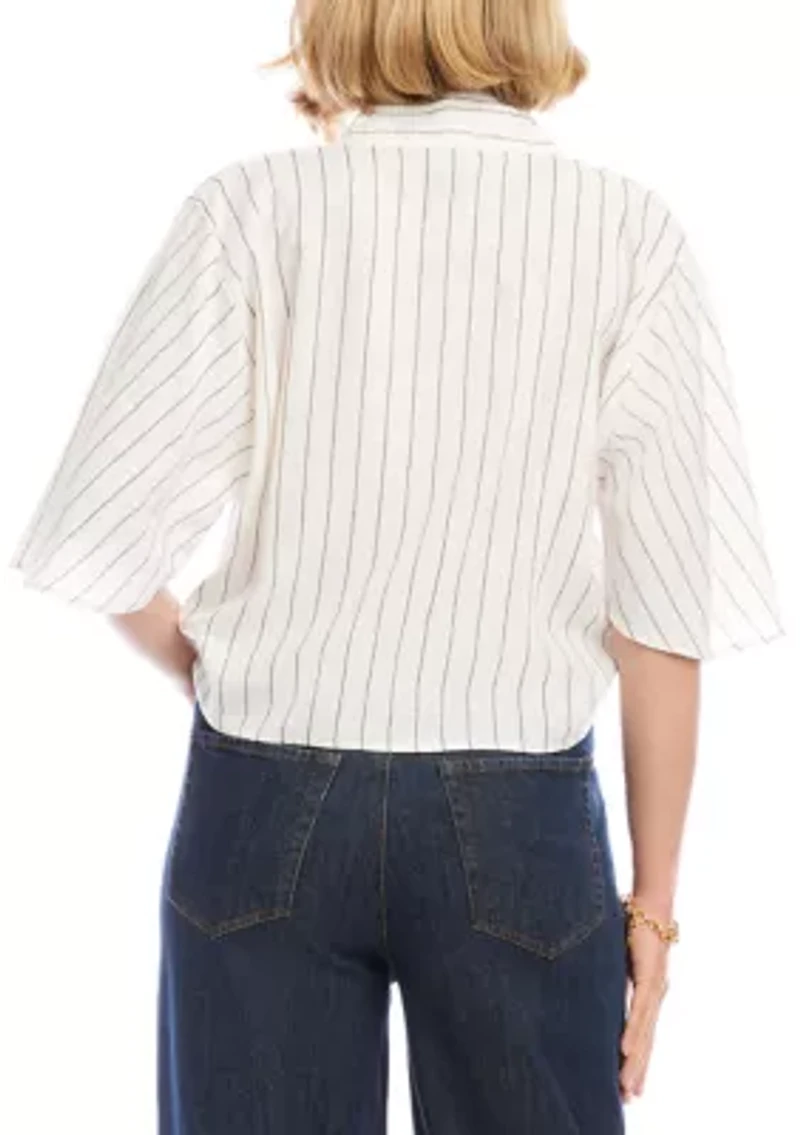 Women's Linen Blend Stripe Flare Sleeve Tie-Front Top
