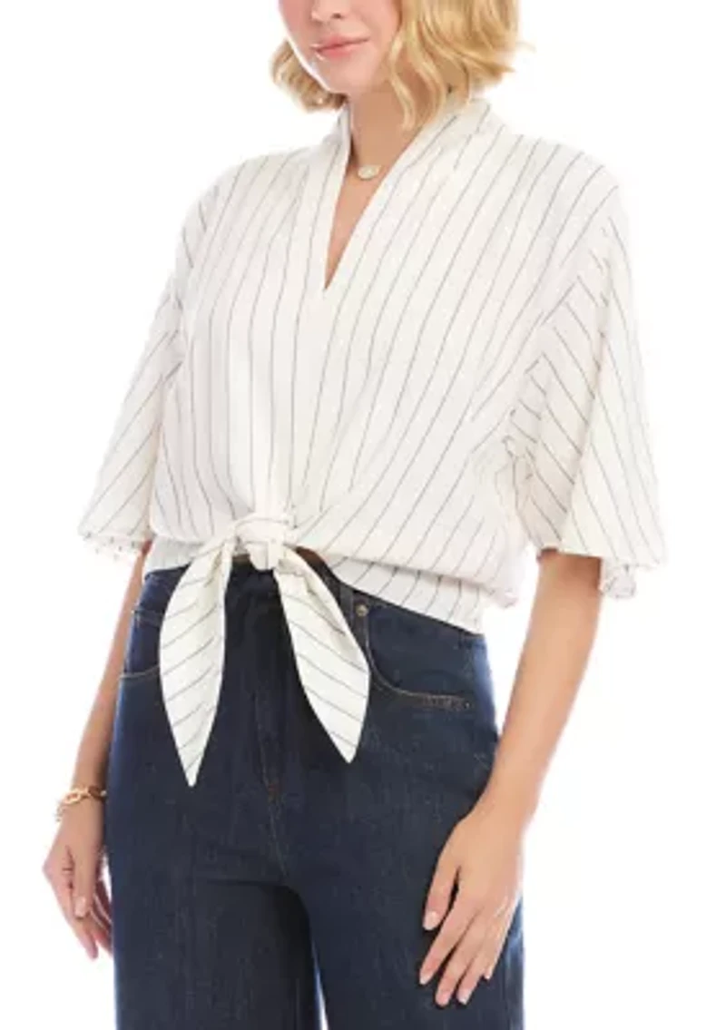 Women's Linen Blend Stripe Flare Sleeve Tie-Front Top