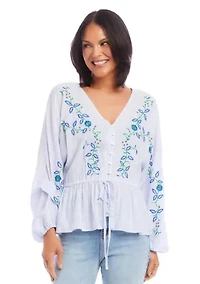 Petite Embroidered Drawstring Top