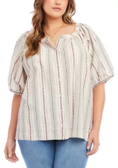 Plus Stripe Puff Sleeve Embroidered Peasant Top