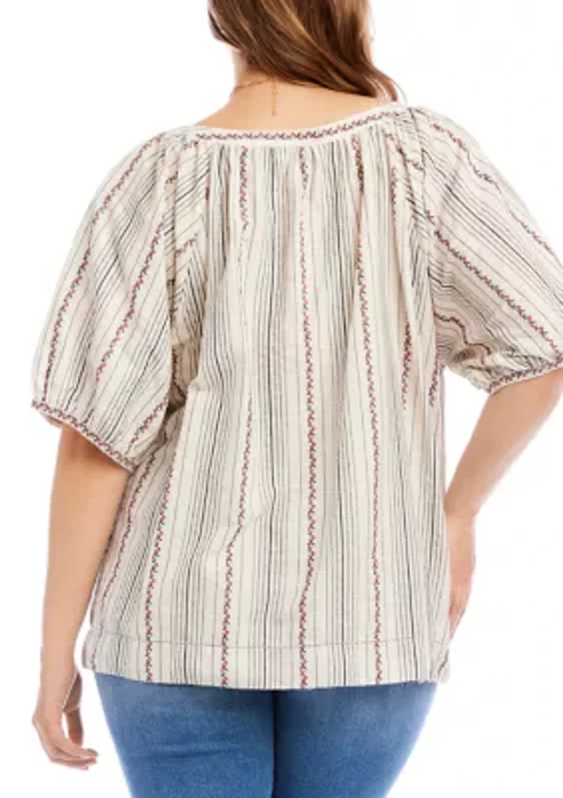 Plus Stripe Puff Sleeve Embroidered Peasant Top