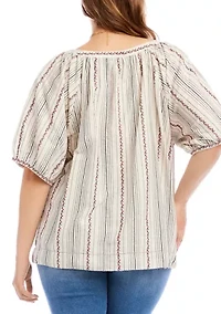 Plus Stripe Puff Sleeve Embroidered Peasant Top