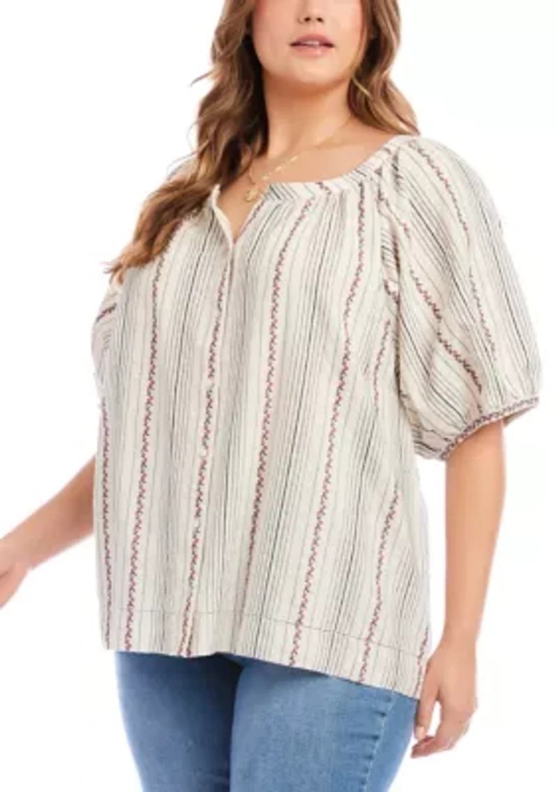 Plus Stripe Puff Sleeve Embroidered Peasant Top