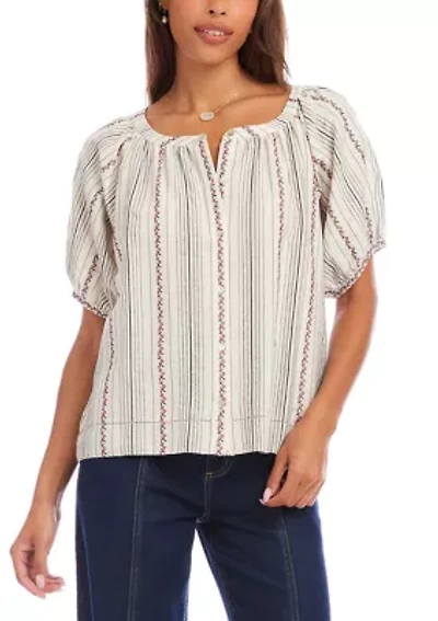 Women's Stripe Puff Sleeve Embroidered Peasant Top