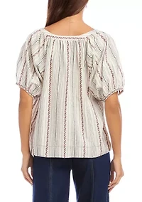 Women's Stripe Puff Sleeve Embroidered Peasant Top