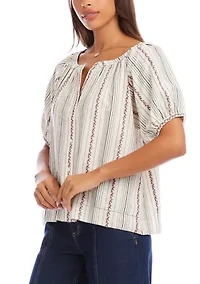 Women's Stripe Puff Sleeve Embroidered Peasant Top