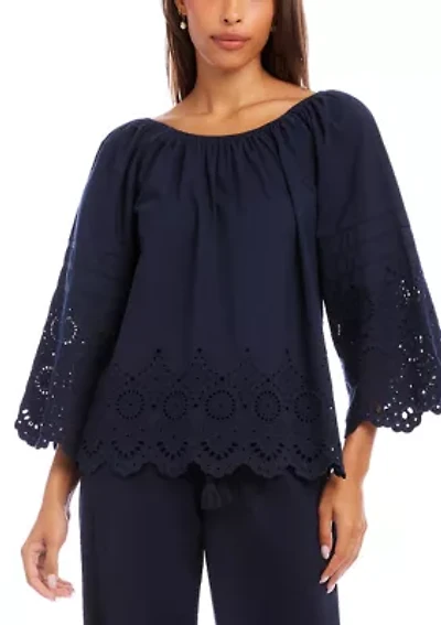 Women's Flare Sleeve Embroidered Scallop Edge Peasant Top