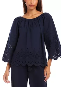 Women's Flare Sleeve Embroidered Scallop Edge Peasant Top