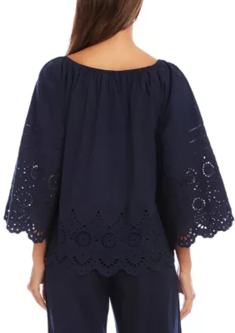 Women's Flare Sleeve Embroidered Scallop Edge Peasant Top