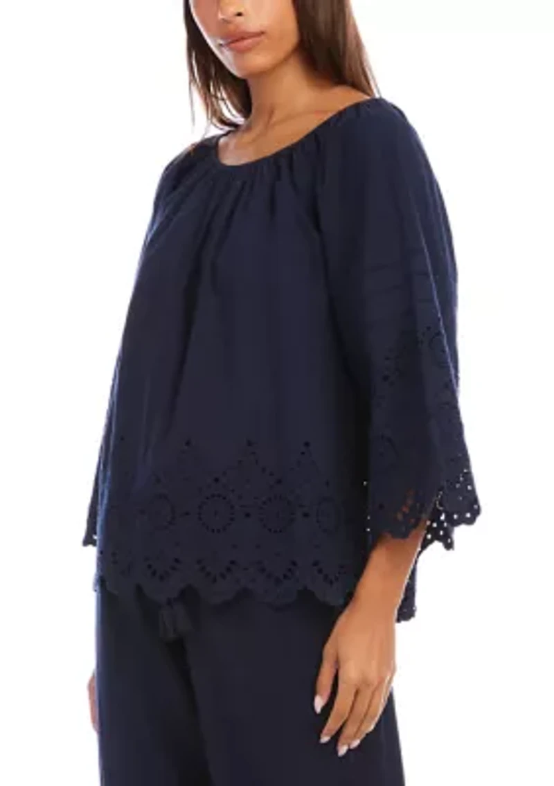 Women's Flare Sleeve Embroidered Scallop Edge Peasant Top