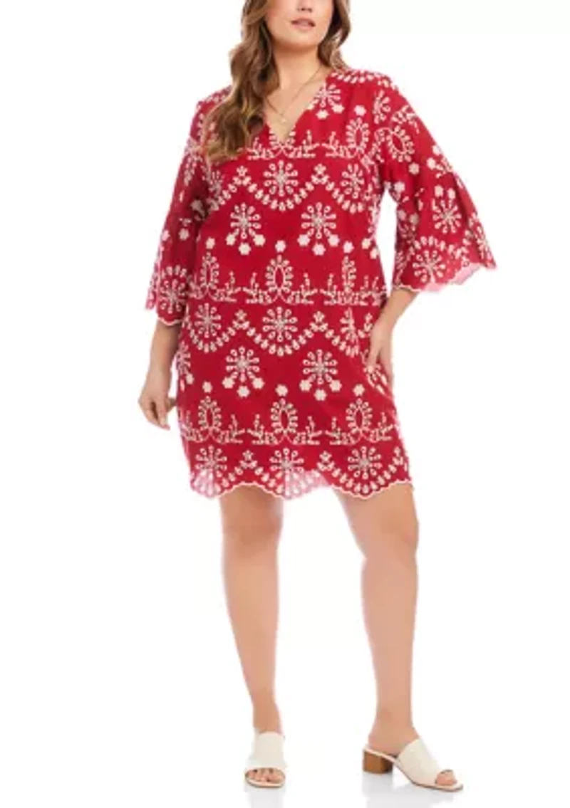 Plus Flare Sleeve Embroidered Dress