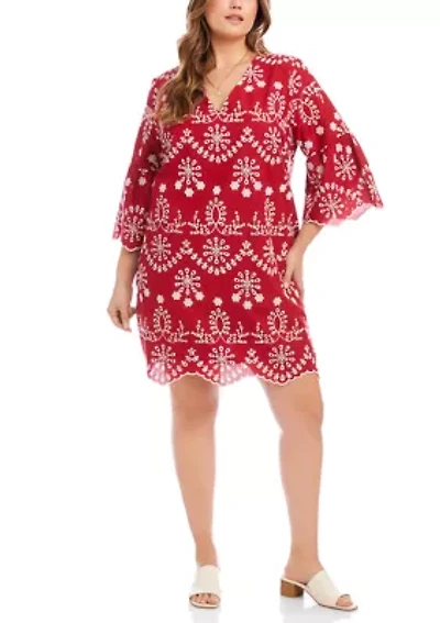 Plus Flare Sleeve Embroidered Dress