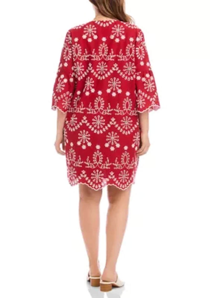 Plus Flare Sleeve Embroidered Dress