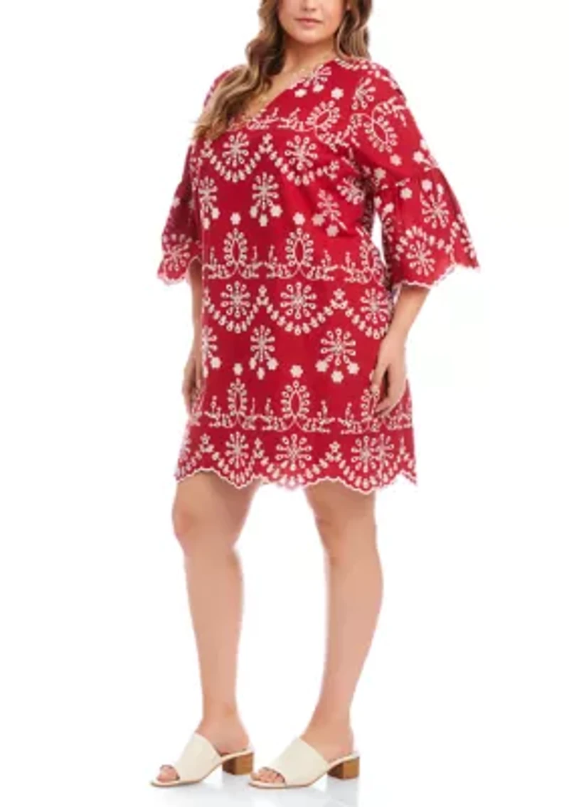 Plus Flare Sleeve Embroidered Dress