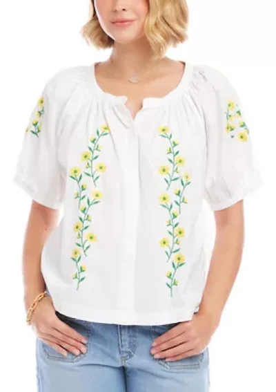 Women's Puff Sleeve Embroidered Peasant Top