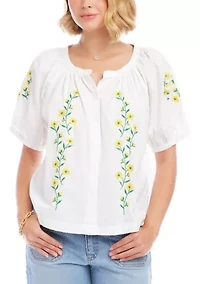 Women's Puff Sleeve Embroidered Peasant Top