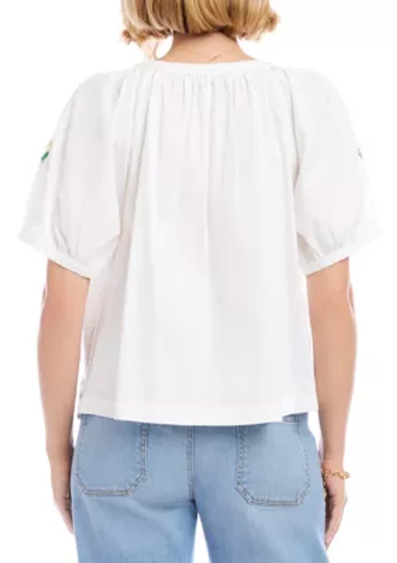 Women's Puff Sleeve Embroidered Peasant Top