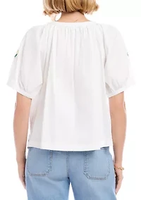 Women's Puff Sleeve Embroidered Peasant Top