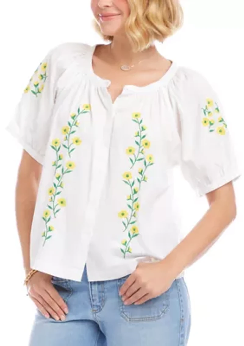 Women's Puff Sleeve Embroidered Peasant Top