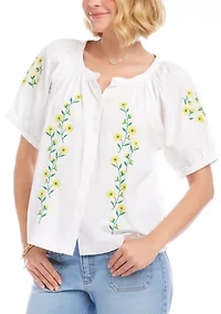 Women's Puff Sleeve Embroidered Peasant Top