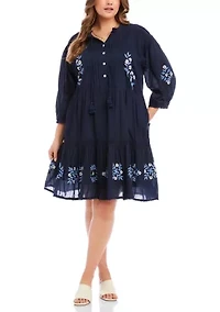 Plus Blouson Sleeve Embroidered Lace Trim Tiered Dress