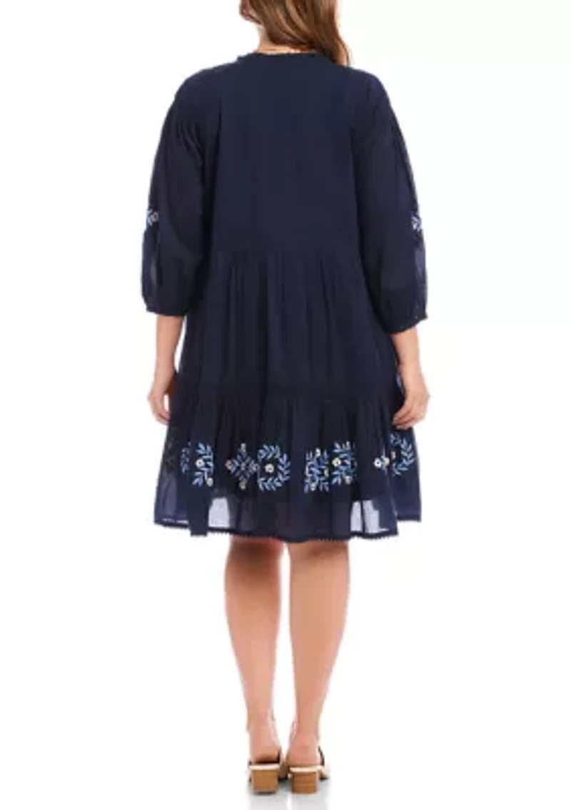 Plus Blouson Sleeve Embroidered Lace Trim Tiered Dress