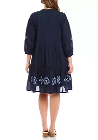 Plus Blouson Sleeve Embroidered Lace Trim Tiered Dress