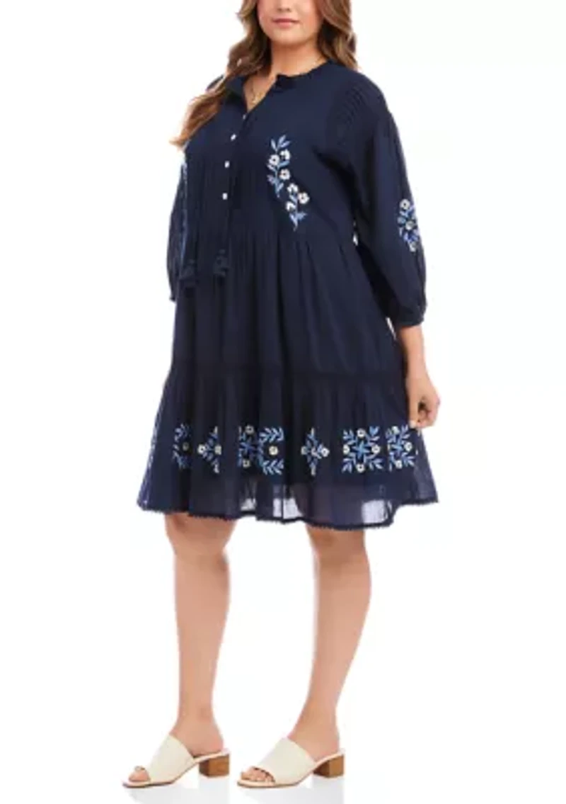 Plus Blouson Sleeve Embroidered Lace Trim Tiered Dress