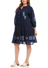 Plus Blouson Sleeve Embroidered Lace Trim Tiered Dress